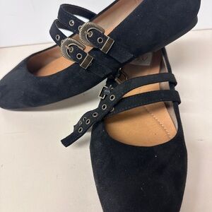 DV Black Suede Mary Jane Flats with Double Buckle Strap